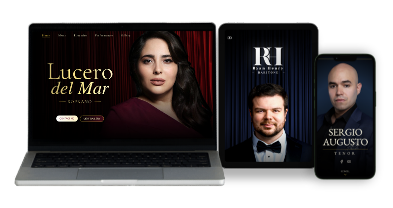 Artist website designs shown across desktop, tablet, and mobile.